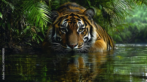   A tiger swimming in a lush green forest surrounded by green plants