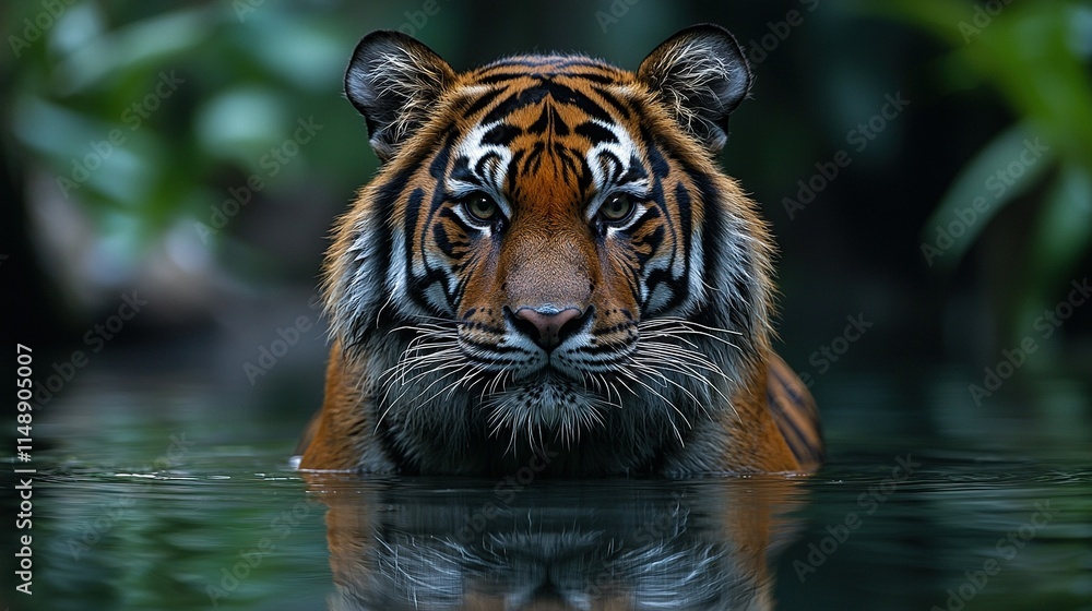 Fototapeta premium A tiger's close-up face in water with trees behind it