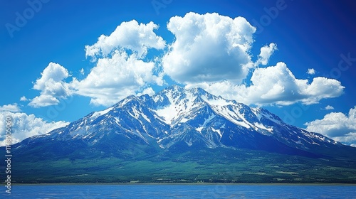 Majestic snow-capped mountain towering over a tranquil lake under a bright blue sky with fluffy clouds