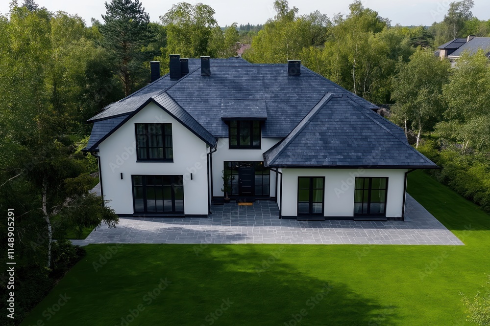 Modern house with dark gray slate roof. Large white house with black framed windows. Patio area with gray stone paving. Green lawn surrounds house. Trees, green plants visible in background. Modern house with dark gray slate roof. Large white house with black framed windows. Patio area with gray stone paving. Green lawn surrounds house. Trees, green plants visible in background.