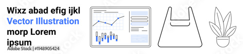Chart with data points, shopping bag, and potted plant. Ideal for business, retail, finance, home decor, data analysis, e-commerce, marketing. Landing page