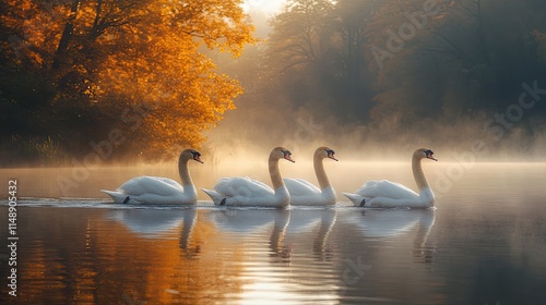 Serene autumn morning with swans gliding gracefully on a misty lake surrounded by vibrant fall foliage photo