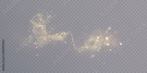 Golden bright dust of light bokeh and glitter. Festive glowing bokeh and sparkles overlay texture for your design on transparent background. Golden particles abstract vector background.	