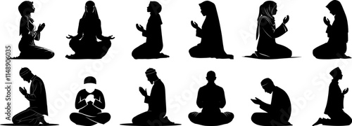 Collection of flat muslim men and women worshipping silhouette vector illustration.