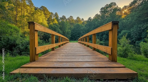 Wooden footbridge over calm water in a tranquil forest setting at sunset.