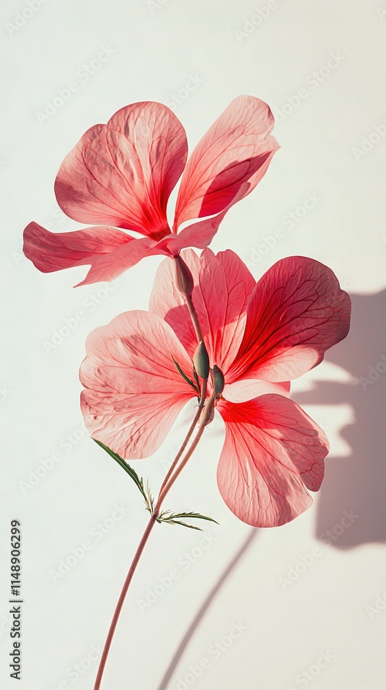 Obraz premium A pair of pink blossoms atop a white wall with a nearby green leafy plant in a vase