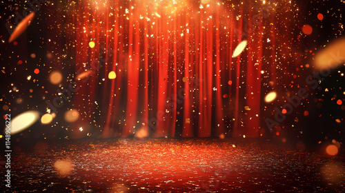 Red stage and curtain in theater background with bright lights and falling gold confetti. Wrought. Illustration