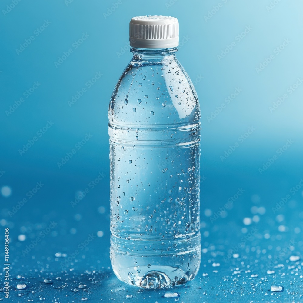 Clear plastic water bottle with droplets against a vibrant blue background, conveying freshness and hydration. Clear plastic water bottle with droplets against a vibrant blue background, conveying freshness and hydration.