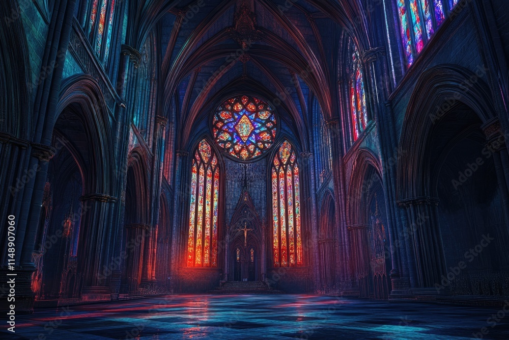 A gothic cathedral's nave glows with vibrant stained-glass windows, casting an ethereal light. A gothic cathedral's nave glows with vibrant stained-glass windows, casting an ethereal light.