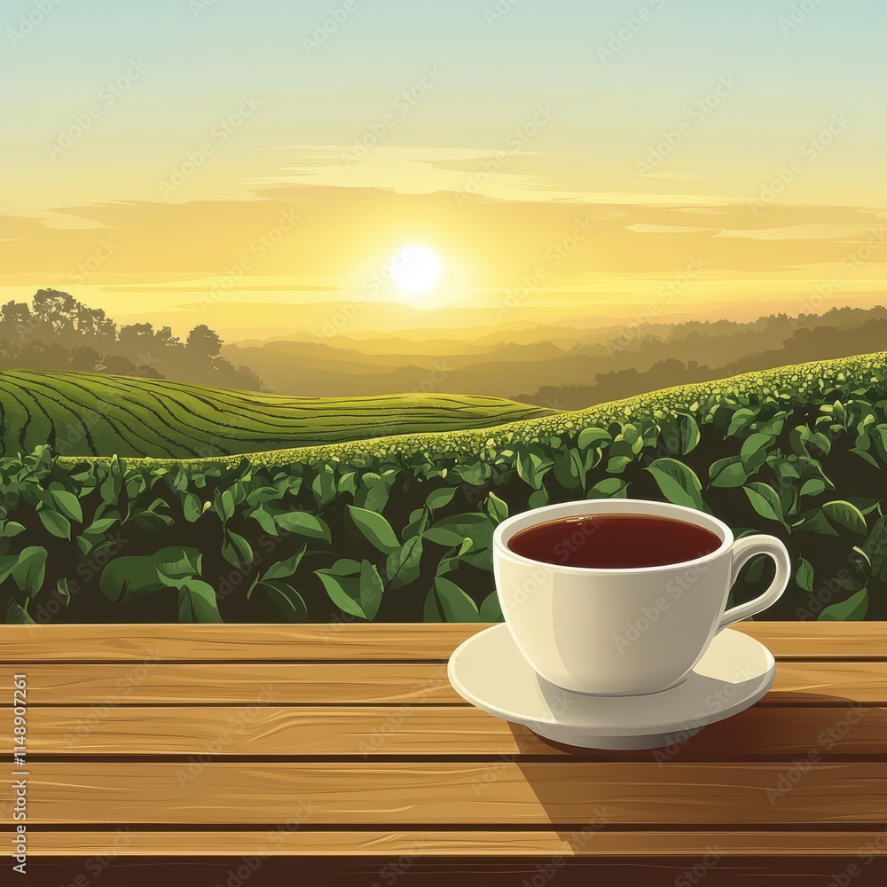A serene morning scene featuring a steaming cup of tea on a wooden table, with lush green hills and a golden sunrise. A serene morning scene featuring a steaming cup of tea on a wooden table, with lush green hills and a golden sunrise.