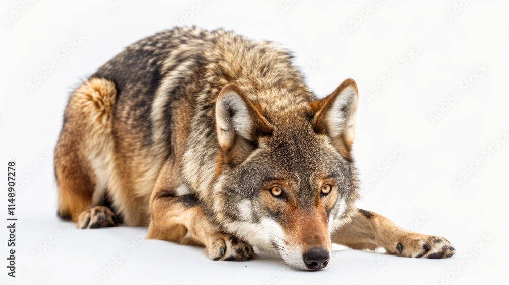 Fototapeta premium Resting Wolf with Intense Stare on a White Background