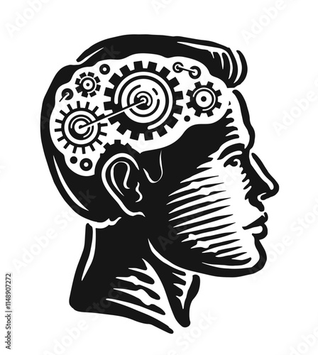 Human head with gears. Brain thinking. Idea, thought concept