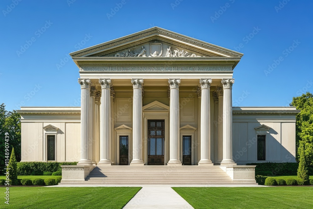 Obraz premium Neoclassical building with columns, grand entrance, and sculpted pediment under a clear blue sky.