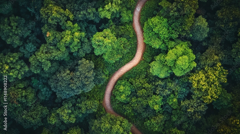Aerial View of Winding Path Through Lush Green Forest Landscape Aerial View of Winding Path Through Lush Green Forest Landscape