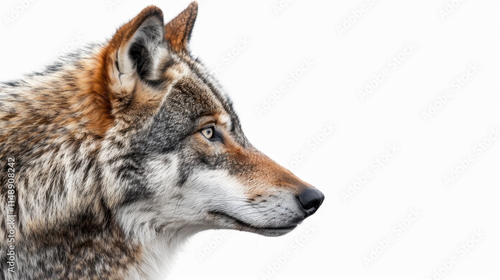Side Profile of a Wolf with Intense Gaze on a White Background Side Profile of a Wolf with Intense Gaze on a White Background
