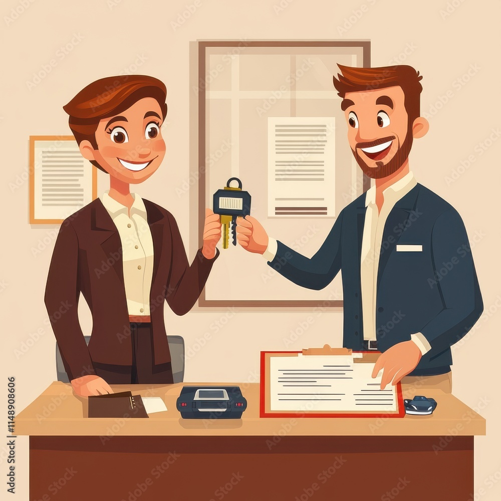 A cheerful male and female professional exchanging keys in an office setting, symbolizing new beginnings.