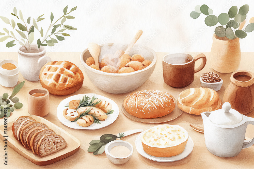 cozy scene of rustic autumn harvest featuring fresh baked bread, pastries, and warm beverages cozy scene of rustic autumn harvest featuring fresh baked bread, pastries, and warm beverages
