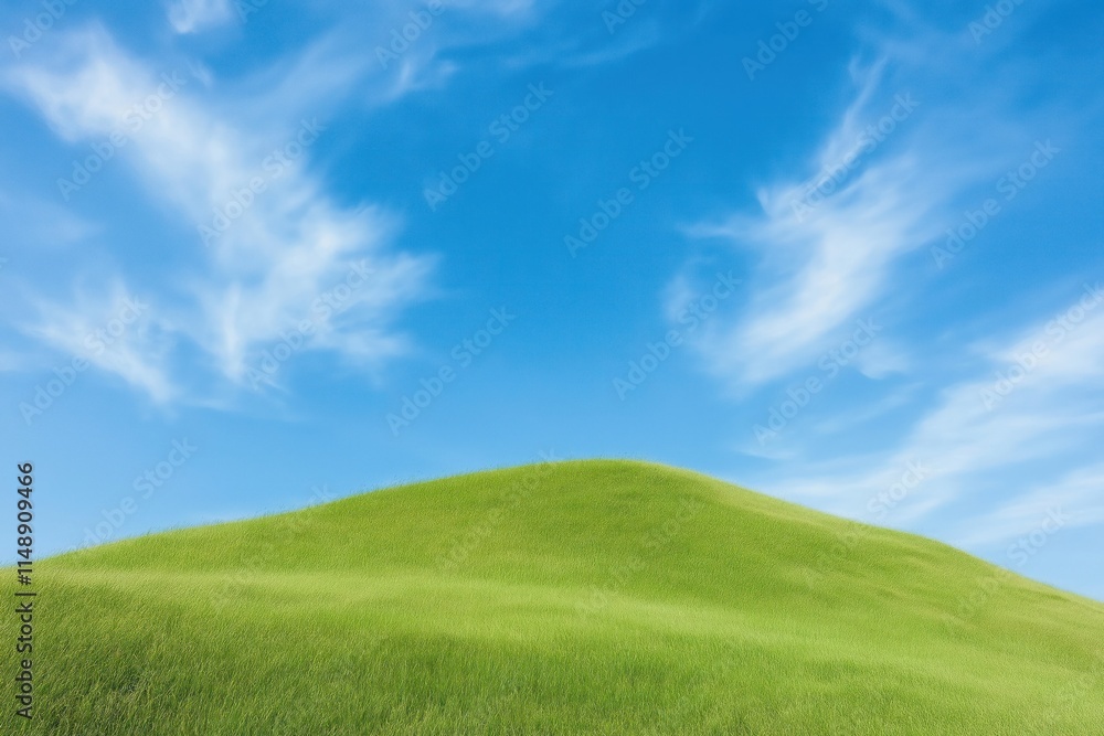 Scenic grassy hill under bright sky. Rich green meadow gently slopes upward. Clear azure sky with wispy white clouds. Ideal rural landscape. Beautiful natural scenery. Scenic grassy hill under bright sky. Rich green meadow gently slopes upward. Clear azure sky with wispy white clouds. Ideal rural landscape. Beautiful natural scenery.