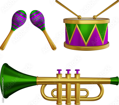 mardi gras musical instruments. isolated 3d maracas, drum and trumpet with mardi gras colors
