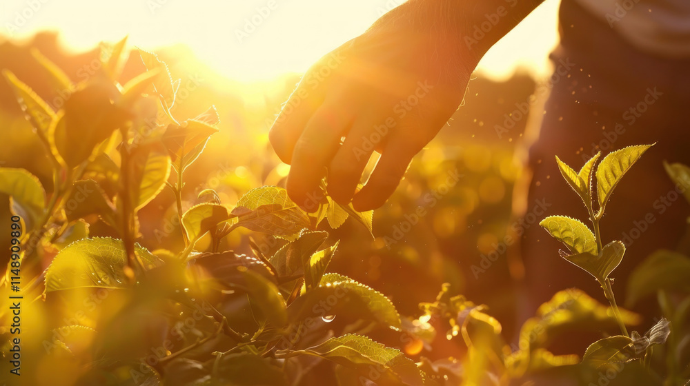 Fototapeta premium Black tea leaves being handpicked at sunrise, the warm light accentuating the field's earthy tones,