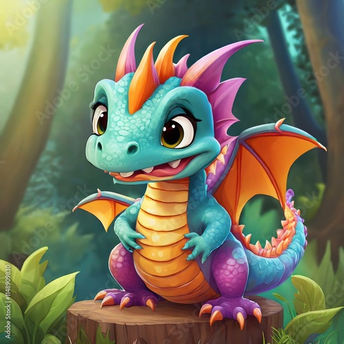 A cute, colorful baby dragon sitting on a rock in an enchanted forest. The dragon has vibrant green and orange scales, large expressive eyes, and small wings. The background features soft sunlight fil photo