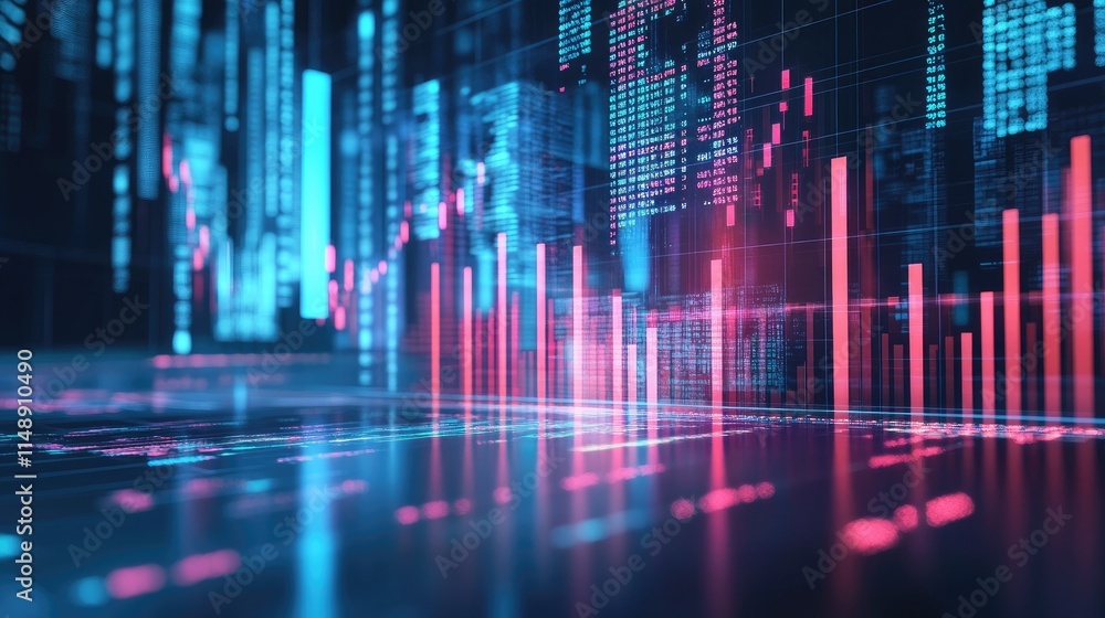 Abstract Visualization of Data Metrics and Stock Market Trends with Vibrant Neon Colors and Bright Graphs Depicting Financial Analytics Concepts in a Digital Environment Abstract Visualization of Data Metrics and Stock Market Trends with Vibrant Neon Colors and Bright Graphs Depicting Financial Analytics Concepts in a Digital Environment