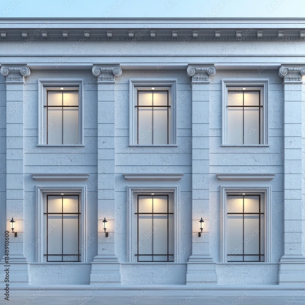 Elegant neoclassical building fa�ade with large windows and decorative stonework, illuminated by antique-style lamps. Elegant neoclassical building fa�ade with large windows and decorative stonework, illuminated by antique-style lamps.