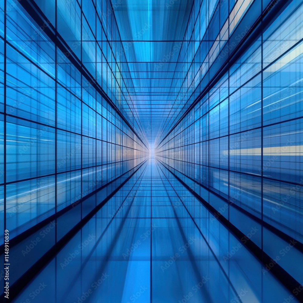 Obraz premium Futuristic blue abstract design with light effects and a tunnel-like perspective, creating a sense of depth.