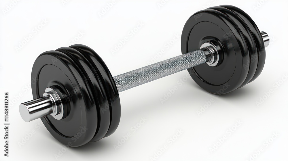 Black dumbbell with metal bar and plates on white background. Black dumbbell with metal bar and plates on white background.
