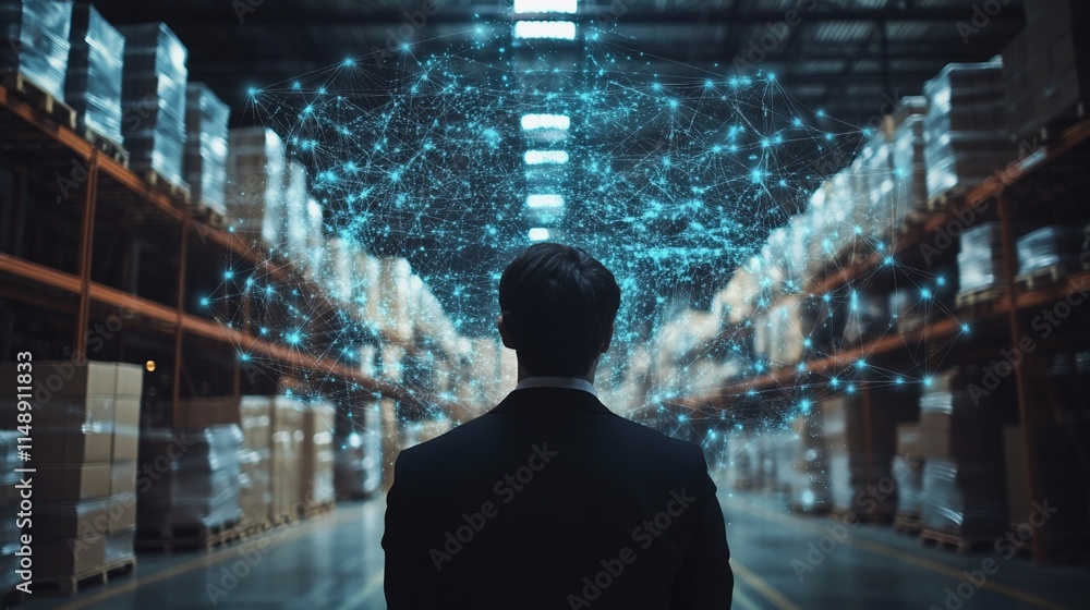 A person in a warehouse visualizing data connections and networks. A person in a warehouse visualizing data connections and networks.