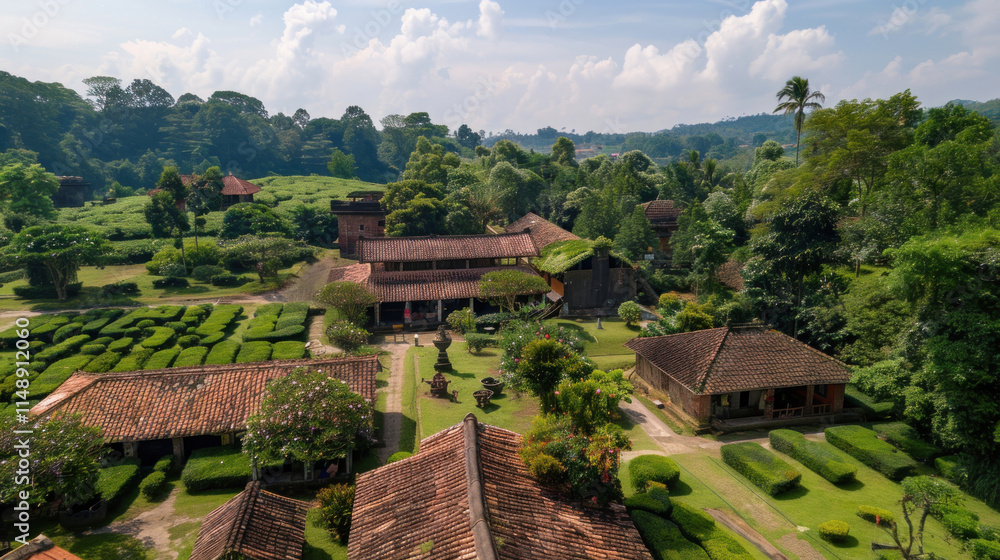 Drone view of a historic tea plantation with antique equipment and cultural elements still in use, Drone view of a historic tea plantation with antique equipment and cultural elements still in use,