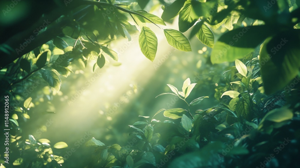 Fototapeta premium Sunlight Filtered Through Lush Green Leaves in a Serene Forest