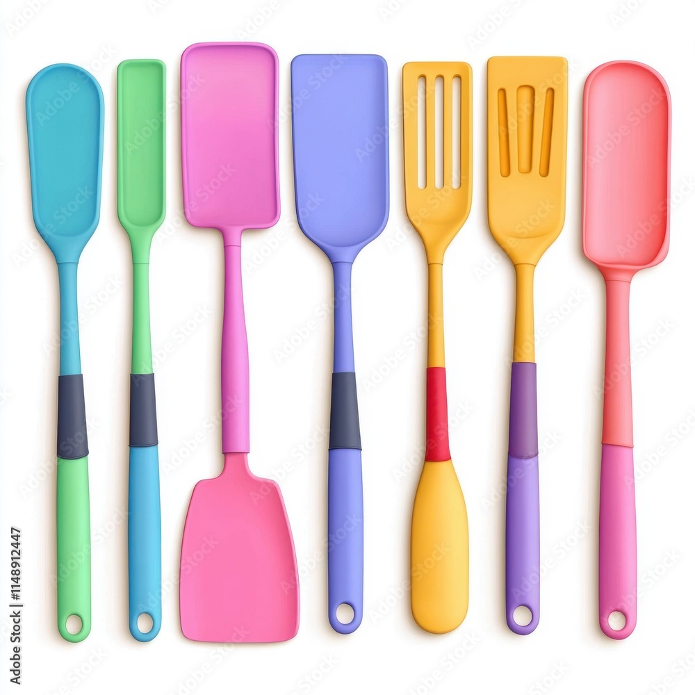 Colorful array of kitchen utensils in vibrant shades, ideal for a fun cooking experience. Colorful array of kitchen utensils in vibrant shades, ideal for a fun cooking experience.