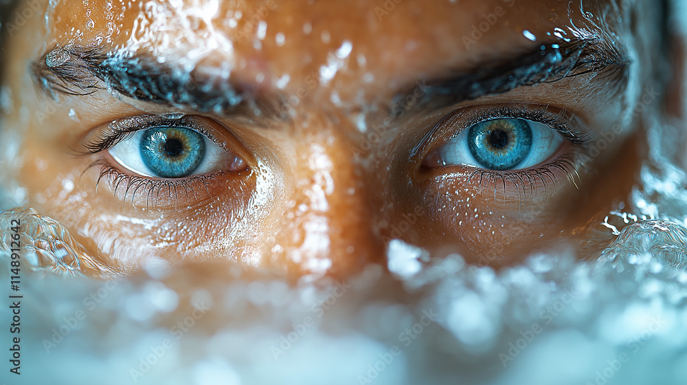 Ocean's Gaze: Close-up portrait of a man's intense blue eyes, partially submerged in water, creating a mesmerizing and mysterious visual. Ocean's Gaze: Close-up portrait of a man's intense blue eyes, partially submerged in water, creating a mesmerizing and mysterious visual.