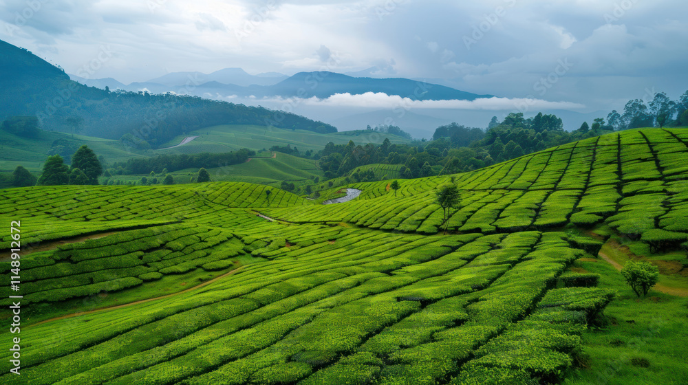 Drone view of a vast tea field, capturing the intricate geometric patterns formed by rows of tea bushes, Drone view of a vast tea field, capturing the intricate geometric patterns formed by rows of tea bushes,