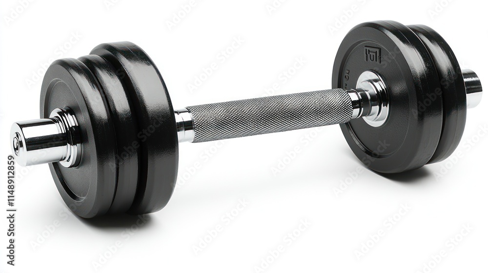 Naklejka premium Black dumbbell with chrome ends and textured grip isolated on white.