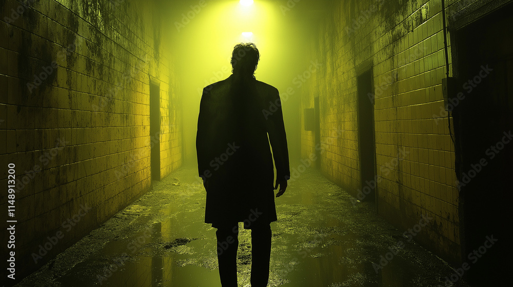 Obraz premium Mysterious Figure in Eerie Corridor: A lone figure shrouded in shadow walks through a dimly lit, eerie corridor, their destination unknown.