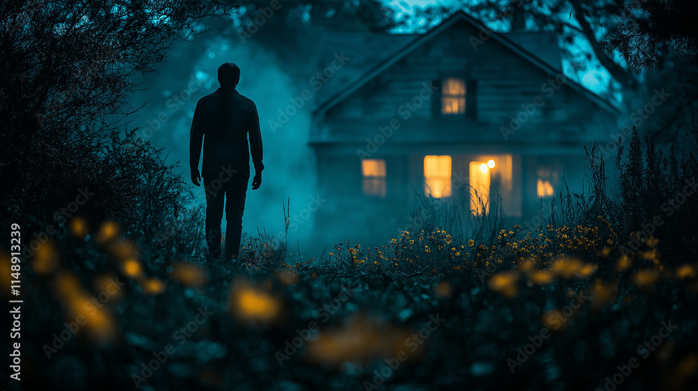 Mysterious Silhouette in the Night: A haunting silhouette of a solitary figure walking towards a dimly lit house, enveloped in a mysterious fog. The scene evokes a sense of suspense and uncertainty. Mysterious Silhouette in the Night: A haunting silhouette of a solitary figure walking towards a dimly lit house, enveloped in a mysterious fog. The scene evokes a sense of suspense and uncertainty.