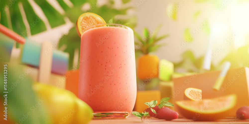 Fototapeta premium Refreshing tropical smoothie in glass with fruit slices, vibrant colors, and sunny atmosphere
