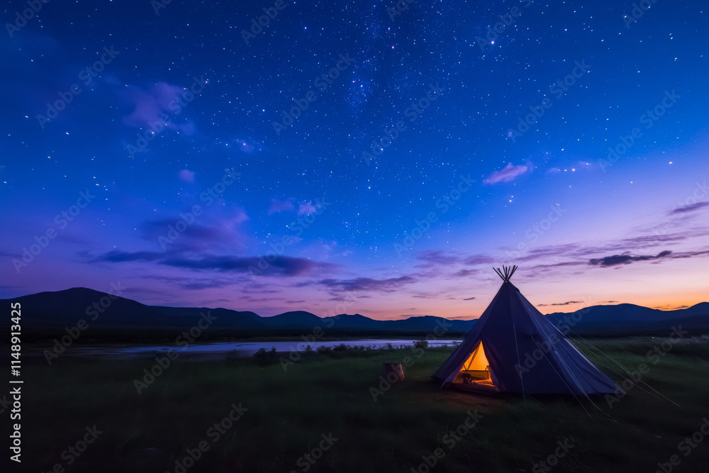 Obraz premium picturesque camping setup under starry sky, featuring tent by serene lake. tranquil scene evokes sense of adventure and peace