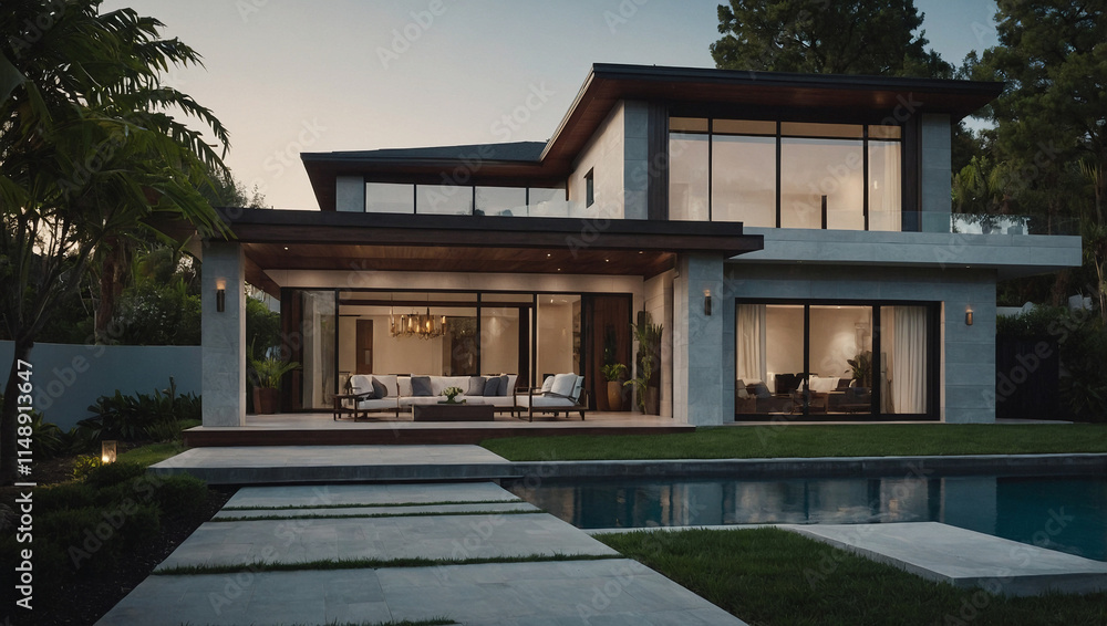 Fototapeta premium Modern Two-Story House with Swimming Pool and Patio