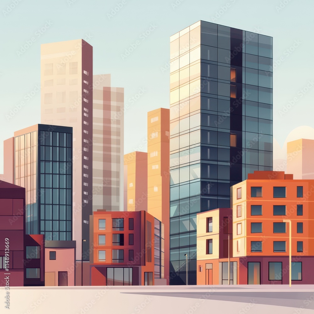 Fototapeta premium A vibrant cityscape showcasing a mix of modern skyscrapers and classic buildings in warm tones.