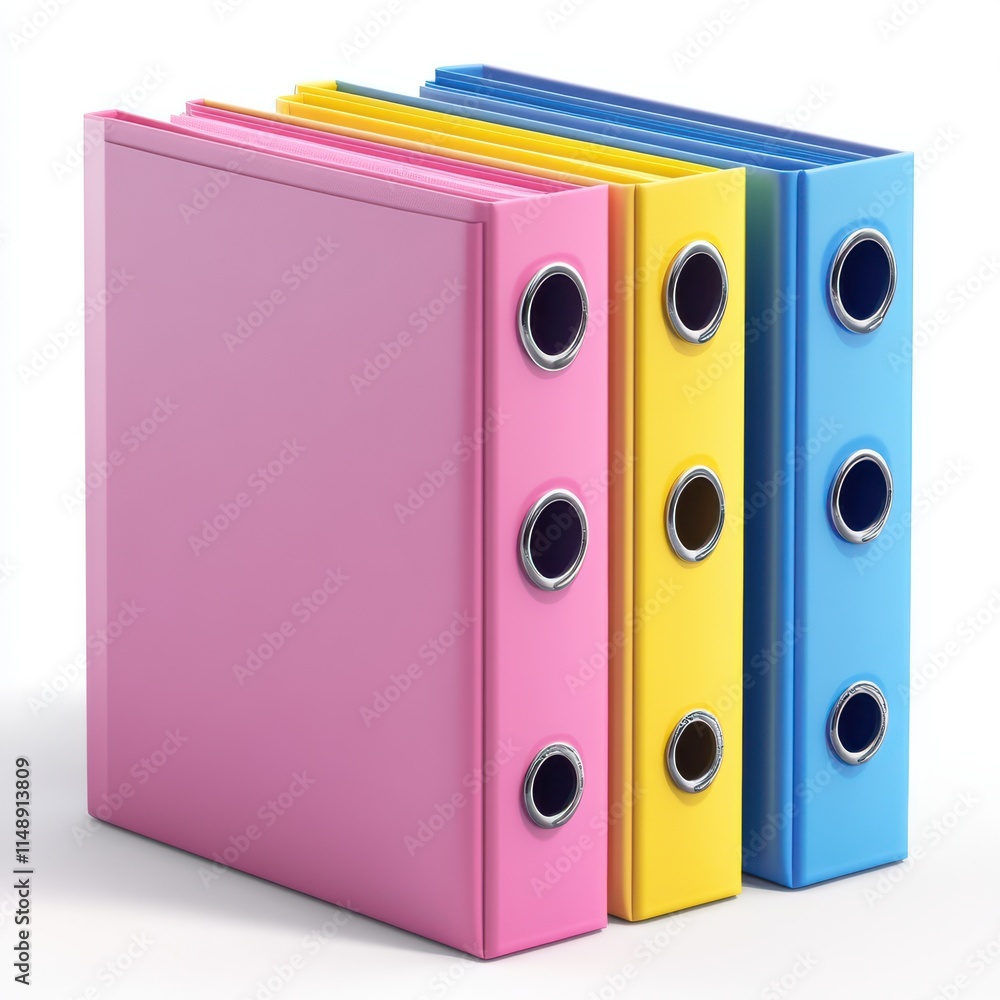 A vibrant collection of three colorful binders in pink, yellow, and blue, perfect for organizing documents. A vibrant collection of three colorful binders in pink, yellow, and blue, perfect for organizing documents.