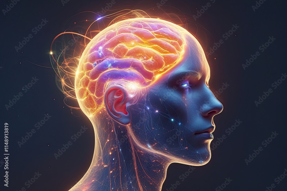 Obraz premium Ethereal Head with Glowing Synapses: Exploring Consciousness, Mysticism, and Awakening