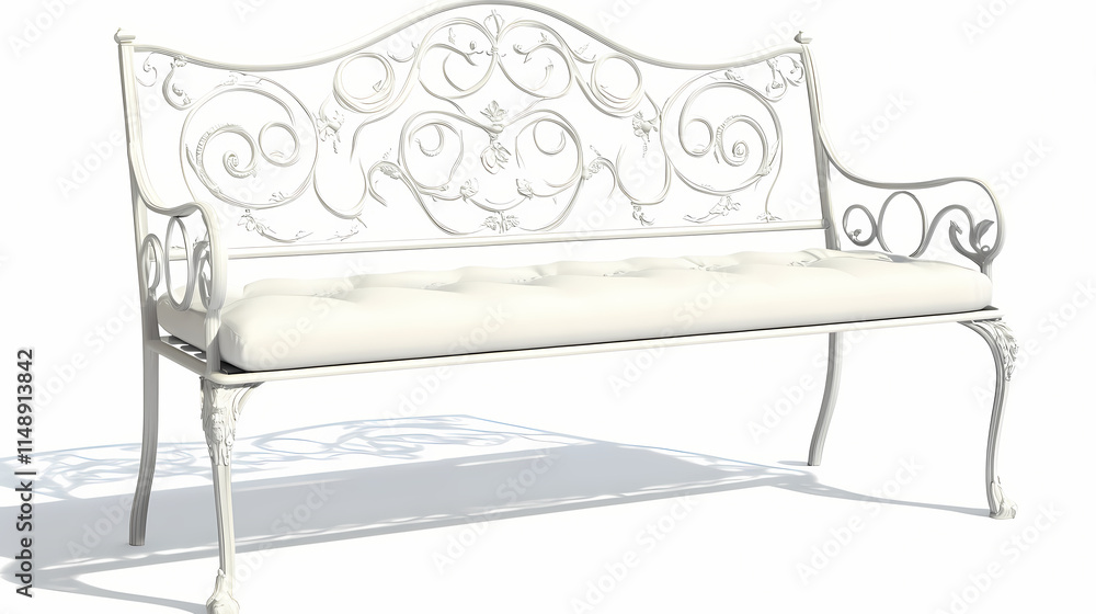 Classic white wrought iron garden bench with a cushioned seat , seat, iron, white. Wrought. Illustration Classic white wrought iron garden bench with a cushioned seat , seat, iron, white. Wrought. Illustration