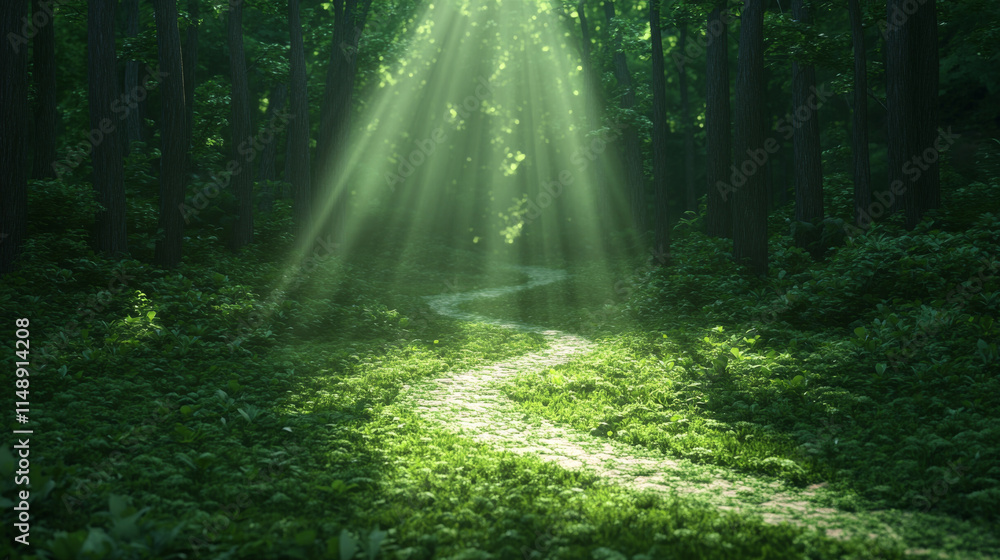 Fototapeta premium serene forest path illuminated by sunlight, surrounded by lush greenery