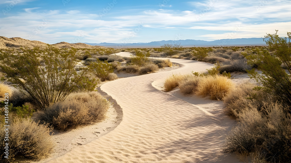 Texas Desert Sand Pathway with sparse vegetation and open skies, rugged Southwestern trail Texas Desert Sand Pathway with sparse vegetation and open skies, rugged Southwestern trail