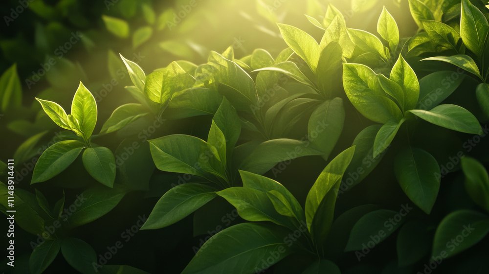 Lush green leaves basking in soft sunlight create serene natural scene Lush green leaves basking in soft sunlight create serene natural scene