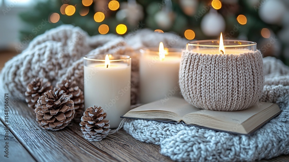 A pair of candles rest atop a wooden table beside a book and a pinecone perched on a blanket A pair of candles rest atop a wooden table beside a book and a pinecone perched on a blanket