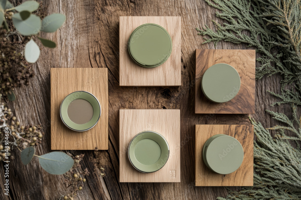 Eco friendly makeup products displayed on wooden surfaces, showcasing natural colors and textures Eco friendly makeup products displayed on wooden surfaces, showcasing natural colors and textures